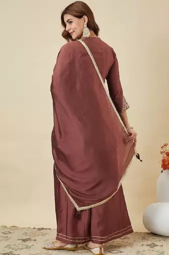 Brown embroidered vichitra silk kurti with plazzo and duppata set