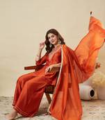 Orange embroidered vichitra silk kurti with plazzo and duppata set