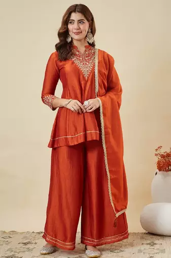 Orange embroidered vichitra silk kurti with plazzo and duppata set