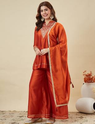Orange embroidered vichitra silk kurti with plazzo and duppata set 3