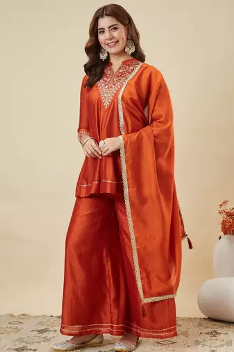Orange embroidered vichitra silk kurti with plazzo and duppata set