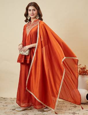 Orange embroidered vichitra silk kurti with plazzo and duppata set 4