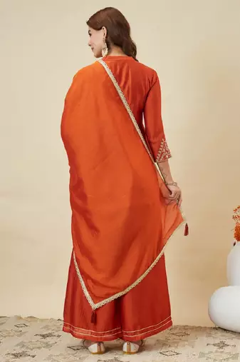 Orange embroidered vichitra silk kurti with plazzo and duppata set