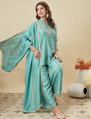 Blue embroidered vichitra silk kurti with plazzo and duppata set 1