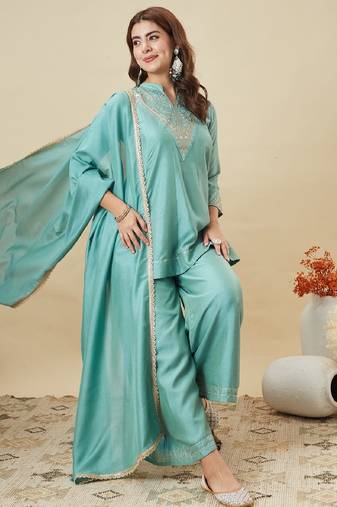 Blue embroidered vichitra silk kurti with plazzo and duppata set