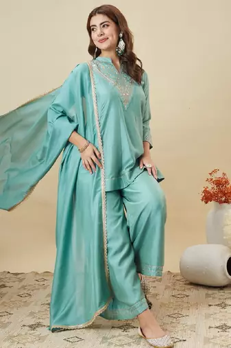 Blue embroidered vichitra silk kurti with plazzo and duppata set