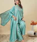 Blue embroidered vichitra silk kurti with plazzo and duppata set