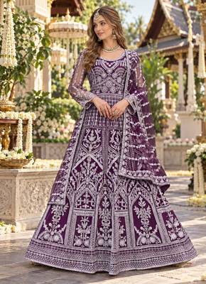 Purple net free size stitched anarkali suit with dimaond & embroidery work 1