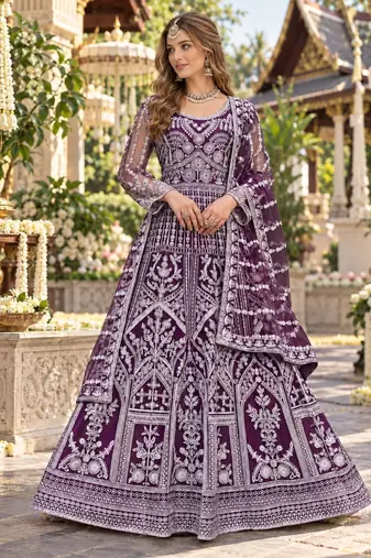 Purple net free size stitched anarkali suit with dimaond & embroidery work