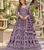 Purple net free size stitched anarkali suit with dimaond & embroidery work