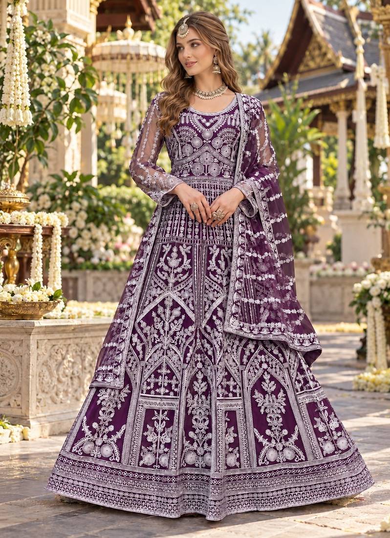 Purple net free size stitched anarkali suit with dimaond & embroidery work
