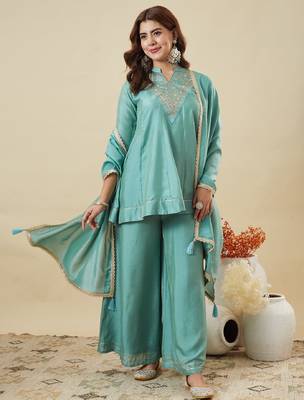 Blue embroidered vichitra silk kurti with plazzo and duppata set 2