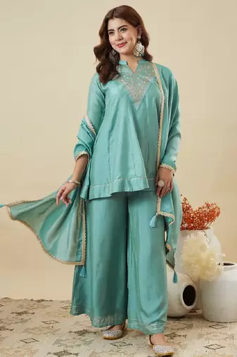 Blue embroidered vichitra silk kurti with plazzo and duppata set