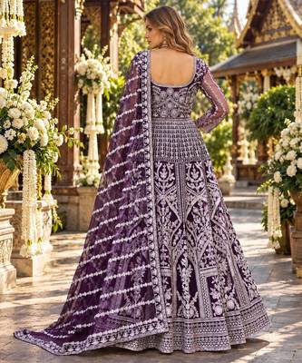 Purple net free size stitched anarkali suit with dimaond & embroidery work 2