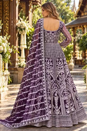 Purple net free size stitched anarkali suit with dimaond & embroidery work