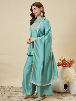 Blue embroidered vichitra silk kurti with plazzo and duppata set 3