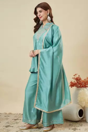 Blue embroidered vichitra silk kurti with plazzo and duppata set