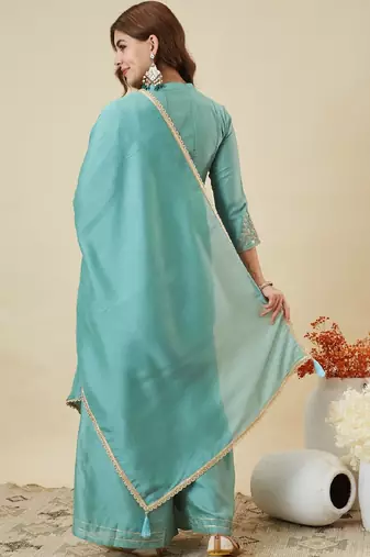 Blue embroidered vichitra silk kurti with plazzo and duppata set
