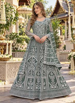 D green net free size stitched anarkali suit with dimaond & embroidery work 1