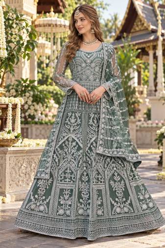 D green net free size stitched anarkali suit with dimaond & embroidery work