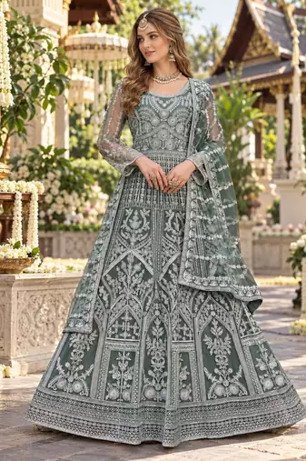 D green net free size stitched anarkali suit with dimaond & embroidery work