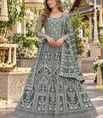 D green net free size stitched anarkali suit with dimaond & embroidery work
