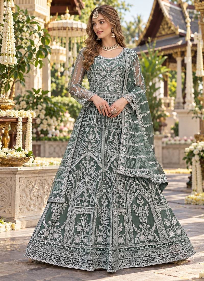 D green net free size stitched anarkali suit with dimaond & embroidery work