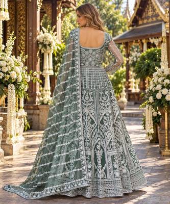 D green net free size stitched anarkali suit with dimaond & embroidery work 2