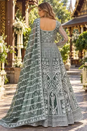 D green net free size stitched anarkali suit with dimaond & embroidery work