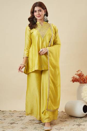 Yellow embroidered vichitra silk kurti with plazzo and duppata set