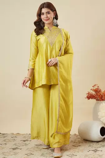 Yellow embroidered vichitra silk kurti with plazzo and duppata set