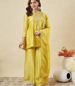Yellow embroidered vichitra silk kurti with plazzo and duppata set