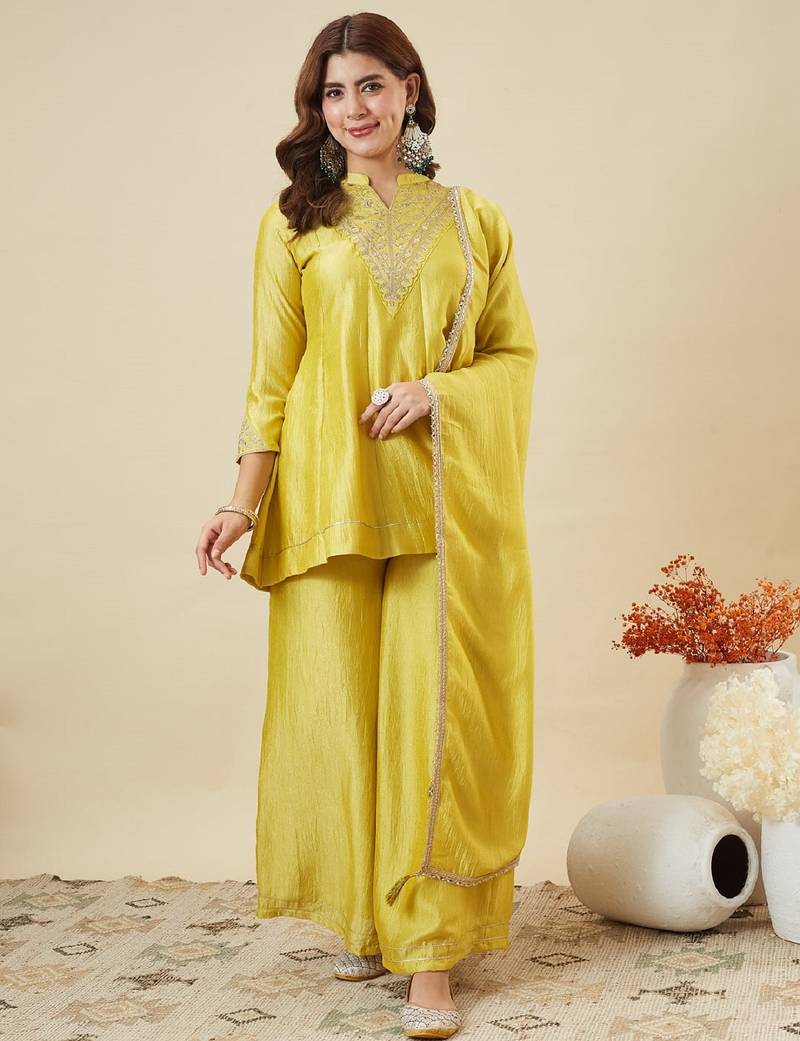 Yellow embroidered vichitra silk kurti with plazzo and duppata set