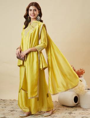 Yellow embroidered vichitra silk kurti with plazzo and duppata set 2