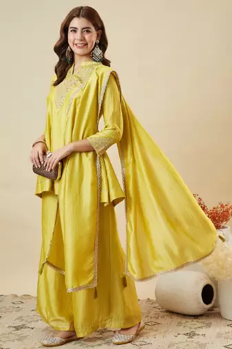 Yellow embroidered vichitra silk kurti with plazzo and duppata set