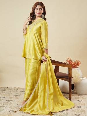 Yellow embroidered vichitra silk kurti with plazzo and duppata set 3