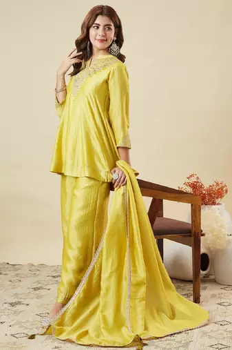 Yellow embroidered vichitra silk kurti with plazzo and duppata set
