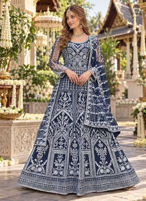 Navy net free size stitched anarkali suit with dimaond & embroidery work 1