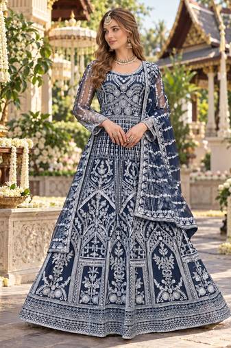 Navy net free size stitched anarkali suit with dimaond & embroidery work
