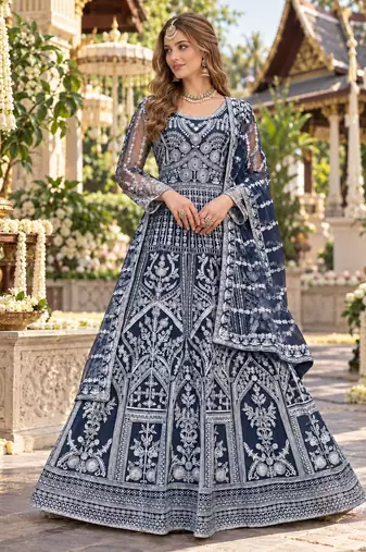 Navy net free size stitched anarkali suit with dimaond & embroidery work