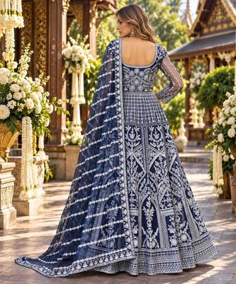 Navy net free size stitched anarkali suit with dimaond & embroidery work 2