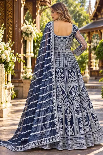 Navy net free size stitched anarkali suit with dimaond & embroidery work