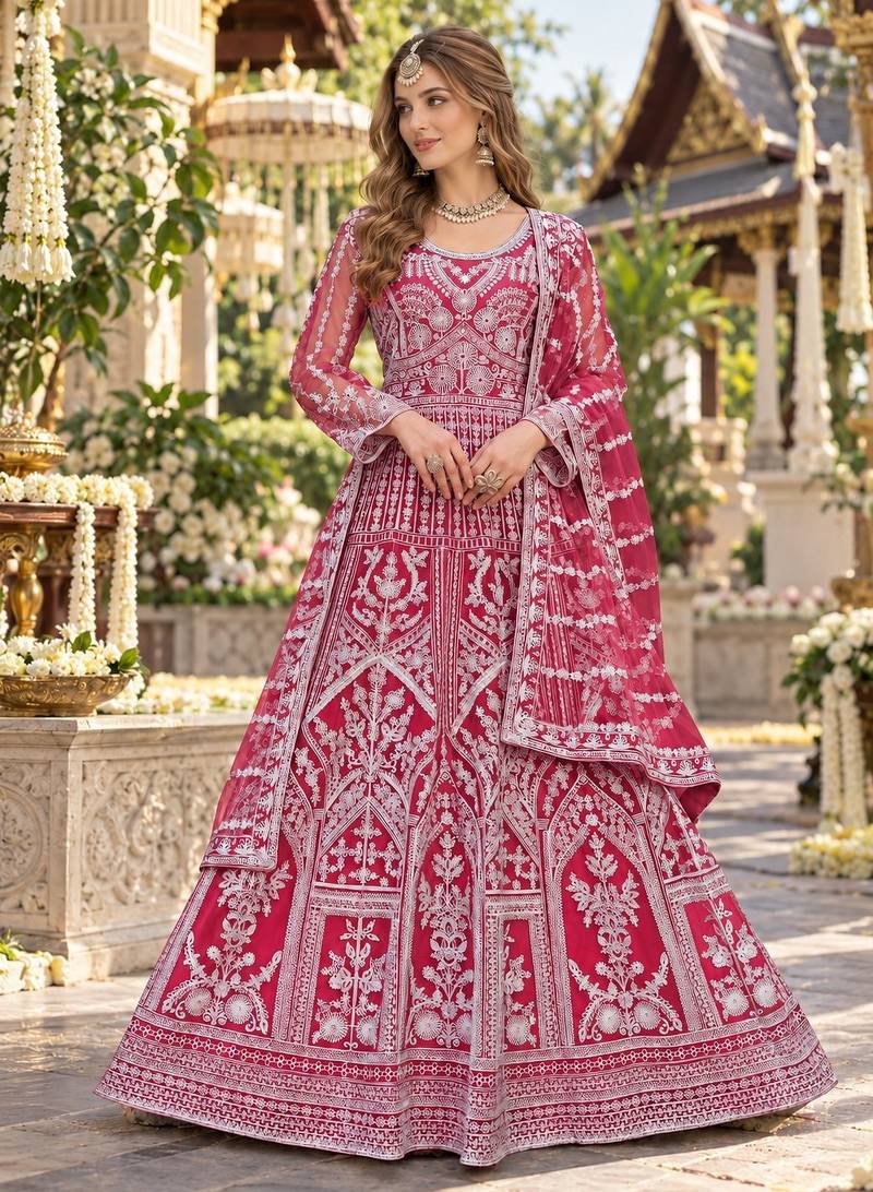 Rani net free size stitched anarkali suit with dimaond & embroidery work