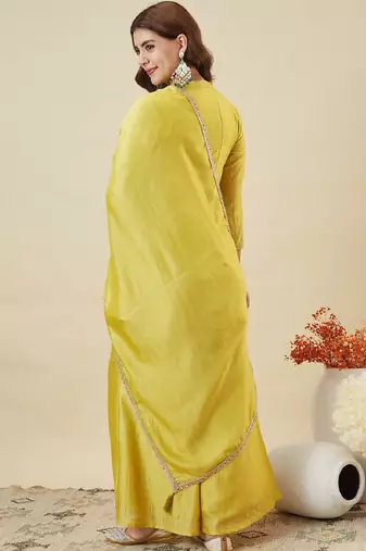 Yellow embroidered vichitra silk kurti with plazzo and duppata set