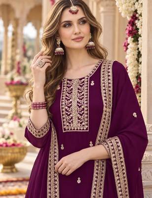 Purple faux georgette semi stitched suit with embroidery & sequence work 2