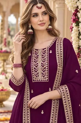 Purple faux georgette semi stitched suit with embroidery & sequence work