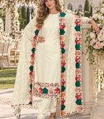 Cream faux georgette semi stitched plazzo suit with embroidery & sequins work