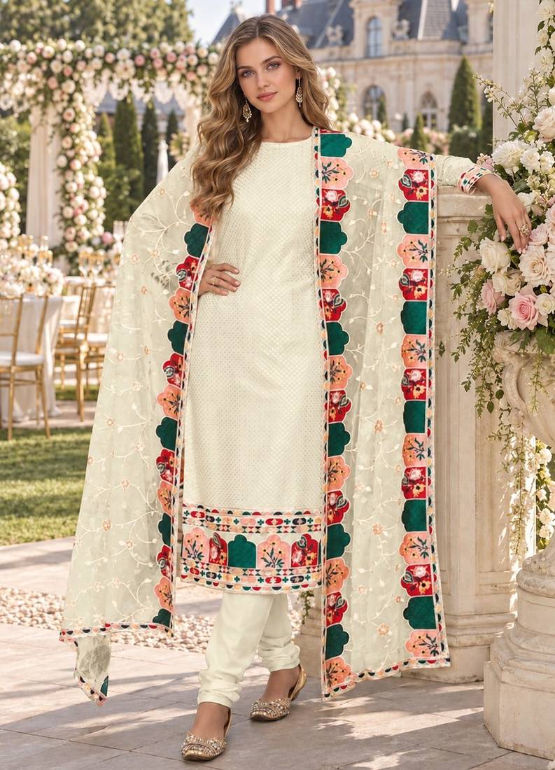 Cream faux georgette semi stitched plazzo suit with embroidery & sequins work