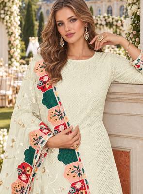 Cream faux georgette semi stitched plazzo suit with embroidery & sequins work 2