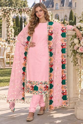 Baby pink faux georgette semi stitched plazzo suit with embroidery & sequins work